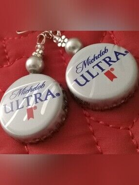 Michelob Ultra Bottle Cap Dangle Earrings - Silver & Blue